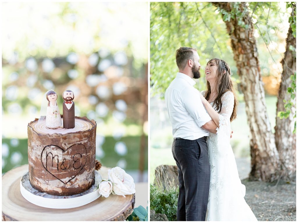 The Best Boise Wedding Photographers, Denise and Bryan Photography. Wood tree wedding cake. Golden hour sunset photos