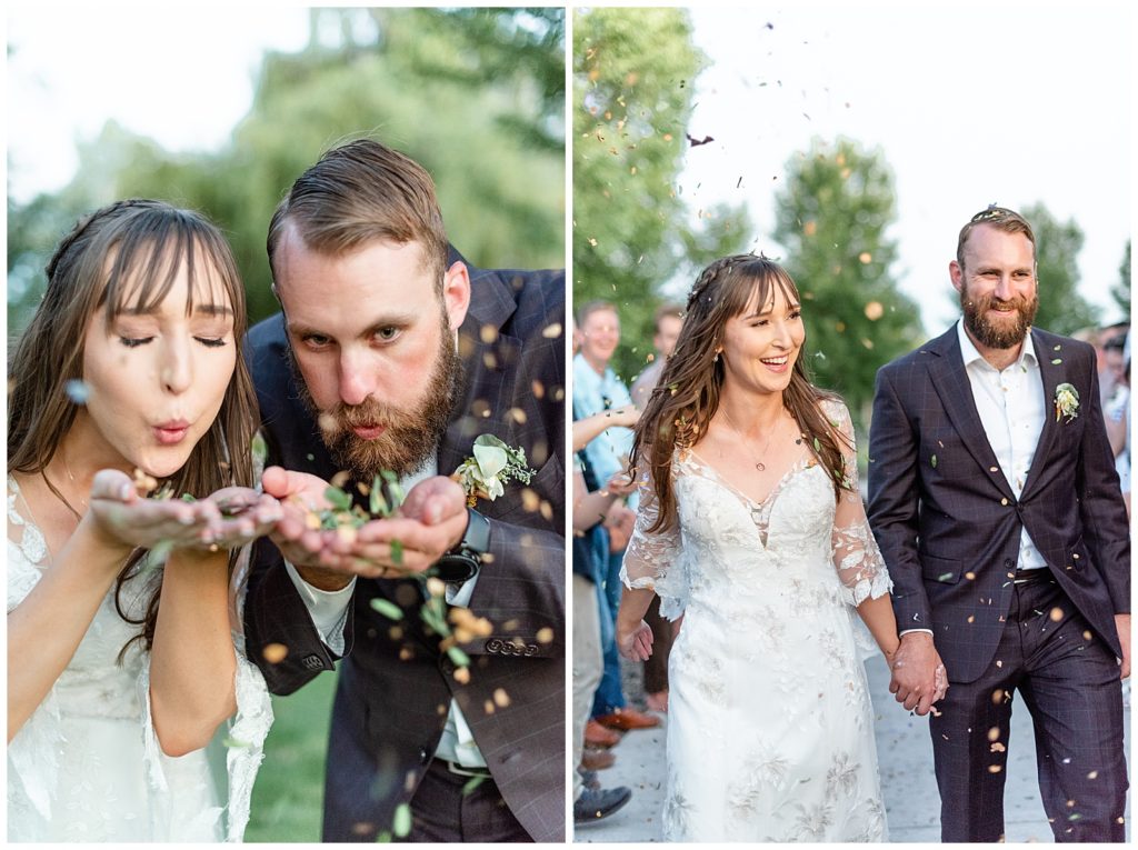 The Best Boise Wedding Photographers, Denise and Bryan Photography. Wedding exit with dried leaves and dried flowers
