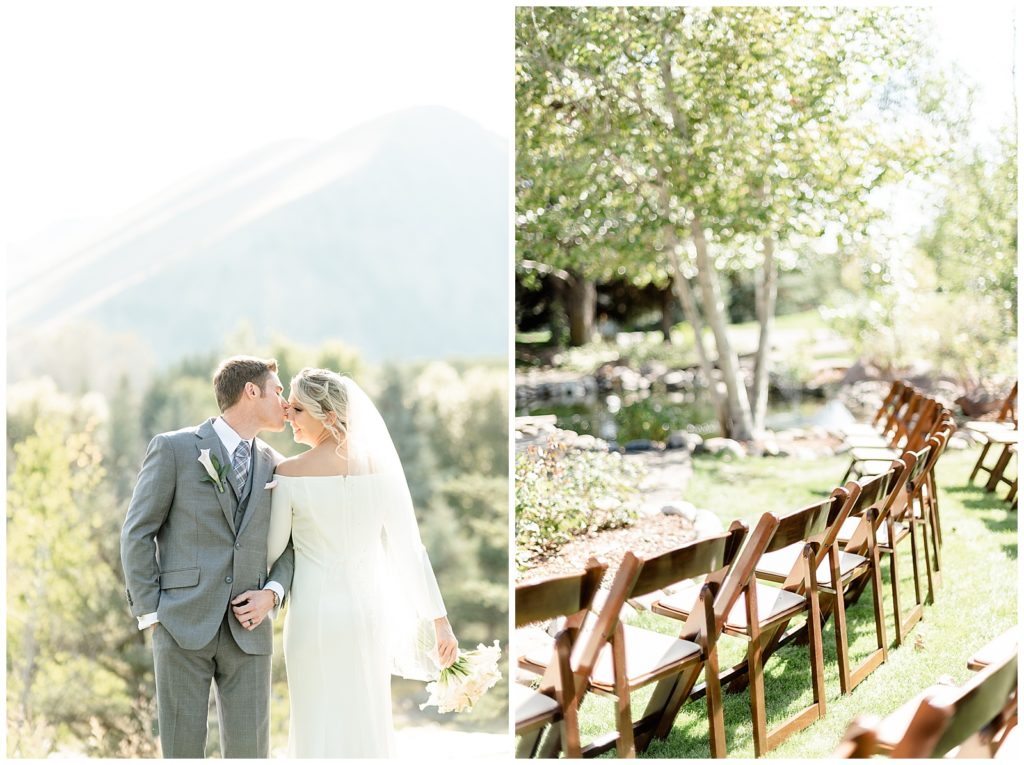 Sun Valley Wedding Photographer Denise and Bryan Photography. Ceremony with dark wood chairs in the mountains