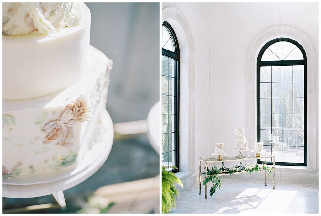 Three beautiful floral wedding cakes next to large windows at the Chateau Des Fleurs in Eagle, Idaho