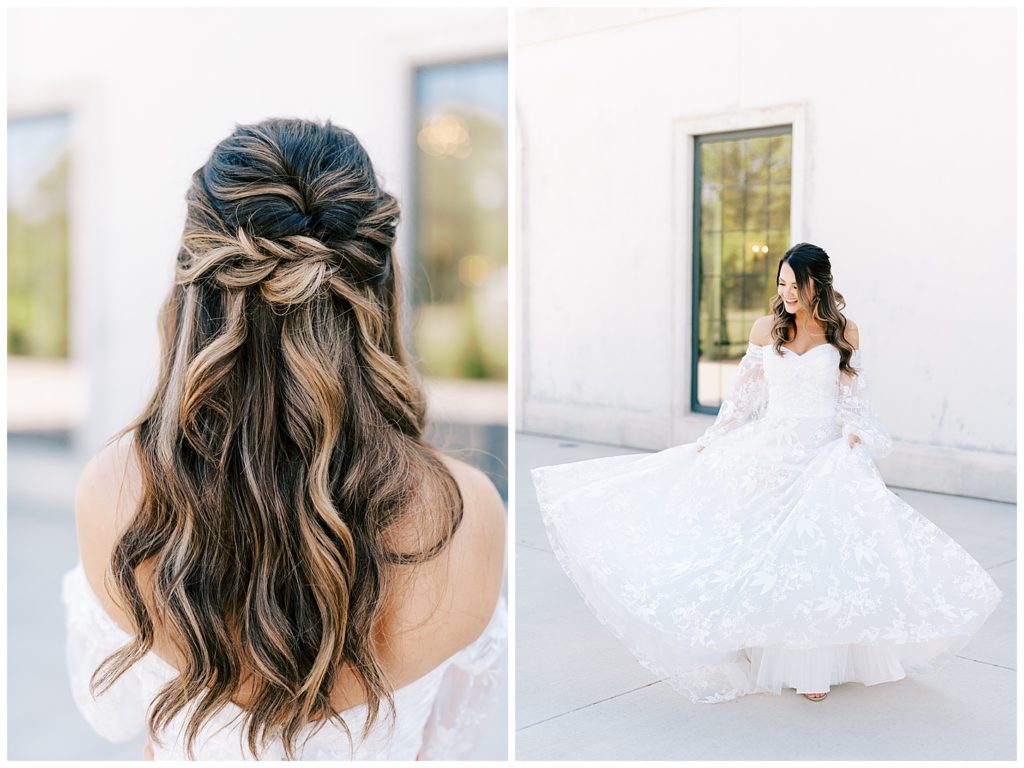 Bridal hair and dress photos next to white stucco building at the Chateau Des Fleurs Wedding in Eagle, Idaho